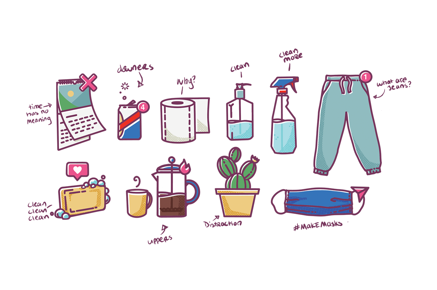 Illustration icons by Brittany Norris about working from home during COVID-19 or coronavirus